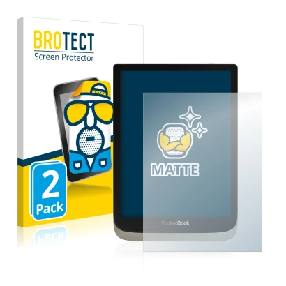 Front side of a product packaging with the brand logo BROTECT. Next to it is the device PocketBook InkPad Color shown with the