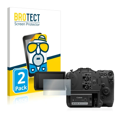 Front side of a product packaging with the brand logo BROTECT. Next to it is the device Canon EOS C70 shown with the correspon