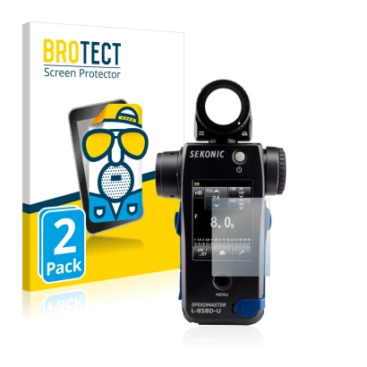 Front side of a product packaging with the brand logo BROTECT. Next to it is the device Sekonic L858D shown with the correspon