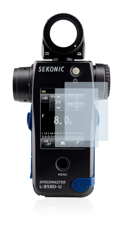 Image of the device Sekonic L858D with a wide variety of screen protectors.