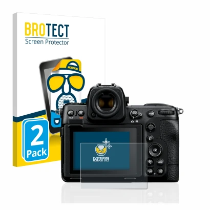 Front side of a product packaging with the brand logo BROTECT. Next to it is the device Nikon Z 8 shown with the corresponding