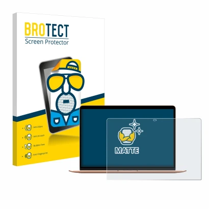 Front side of a product packaging with the brand logo BROTECT. Next to it is the device Apple MacBook Air M1 2020 shown with t