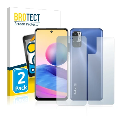 Front side of a product packaging with the brand logo BROTECT. Next to it is the device Xiaomi Redmi Note 10 5G (Front+Back) s