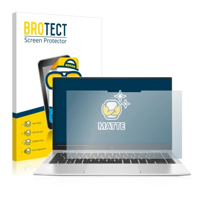 Front side of a product packaging with the brand logo BROTECT. Next to it is the device HP Elitebook x360 1040 G7 shown with t