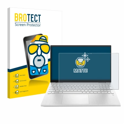 Front side of a product packaging with the brand logo BROTECT. Next to it is the device HP Pavilion x360 (15-erX) shown with t