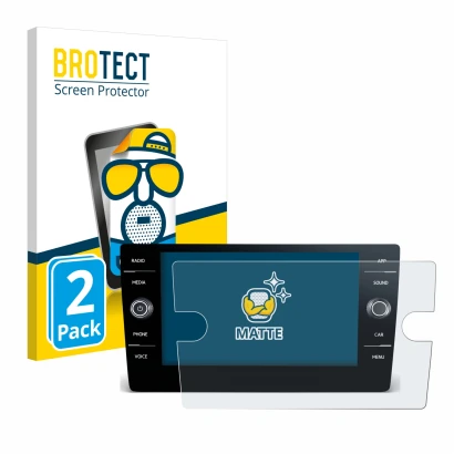 Front side of a product packaging with the brand logo BROTECT. Next to it is the device Volkswagen Tiguan 2021 Discover Media