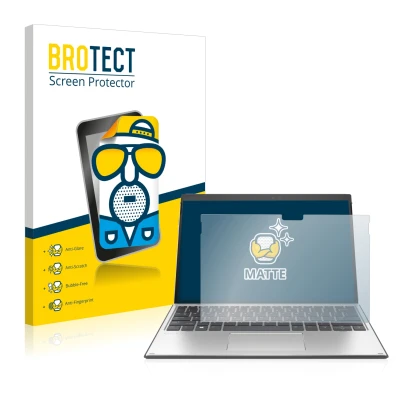 Front side of a product packaging with the brand logo BROTECT. Next to it is the device HP Elite x2 G8 shown with the correspo