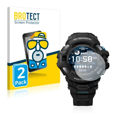 Front side of a product packaging with the brand logo BROTECT. Next to it is the device Casio G-Shock GSW-H1000 shown with the