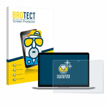 Front side of a product packaging with the brand logo BROTECT. Next to it is the device Apple MacBook Pro 13" M1 2020 shown wi