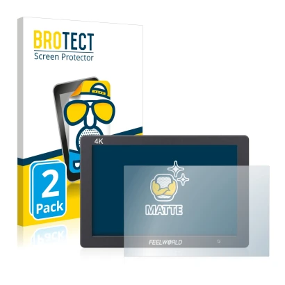 Front side of a product packaging with the brand logo BROTECT. Next to it is the device Feelworld FW279 7" shown with the corr