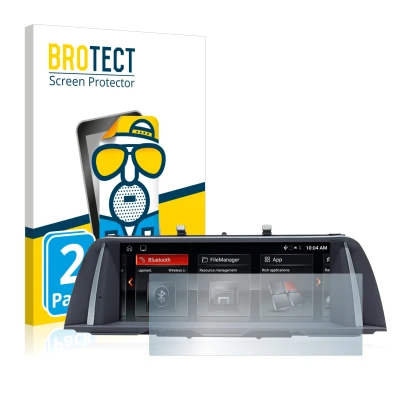 Front side of a product packaging with the brand logo BROTECT. Next to it is the device BMW 5 F10 2014 Professional 10,2" show