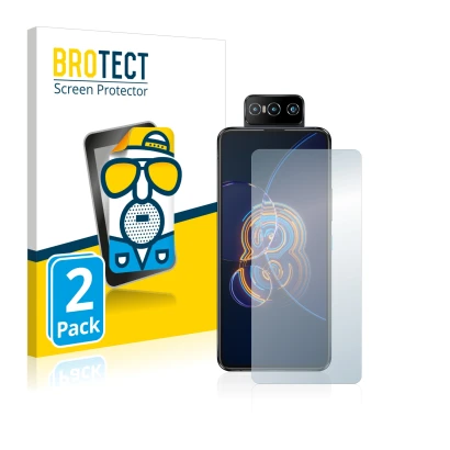 Front side of a product packaging with the brand logo BROTECT. Next to it is the device ASUS ZenFone 8 Flip shown with the cor