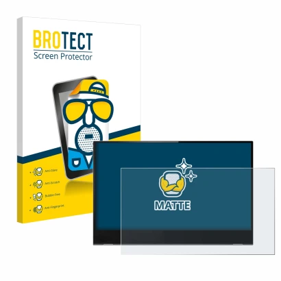 Front side of a product packaging with the brand logo BROTECT. Next to it is the device Lenovo ThinkVision M14t shown with the