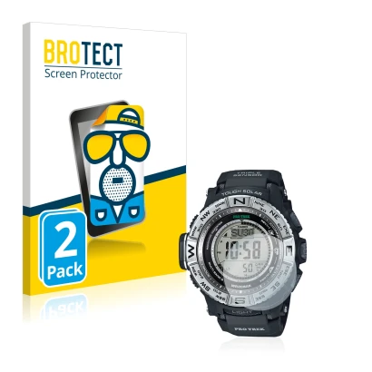 Front side of a product packaging with the brand logo BROTECT. Next to it is the device Casio Pro Trek PRW-3500-1 shown with t