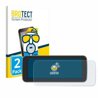Front side of a product packaging with the brand logo BROTECT. Next to it is the device Fiat 500 E Uconnect 5 10" shown with t