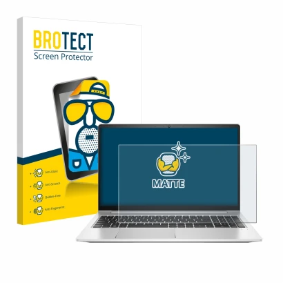 Front side of a product packaging with the brand logo BROTECT. Next to it is the device HP ProBook 450 G8 shown with the corre