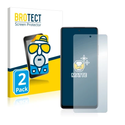 Front side of a product packaging with the brand logo BROTECT. Next to it is the device Infinix Note 10 Pro shown with the cor