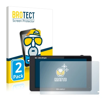 Front side of a product packaging with the brand logo BROTECT. Next to it is the device Feelworld LUT6 6" shown with the corre