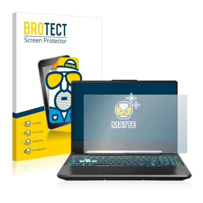 Front side of a product packaging with the brand logo BROTECT. Next to it is the device ASUS TUF Gaming A15 shown with the cor