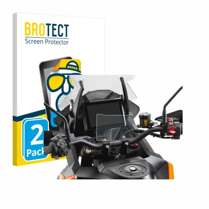 Front side of a product packaging with the brand logo BROTECT. Next to it is the device KTM 1290 Super Adventure S 2021 TFT 7"