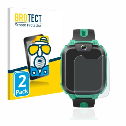 Front side of a product packaging with the brand logo BROTECT. Next to it is the device Imoo Watch Phone Z1 shown with the cor