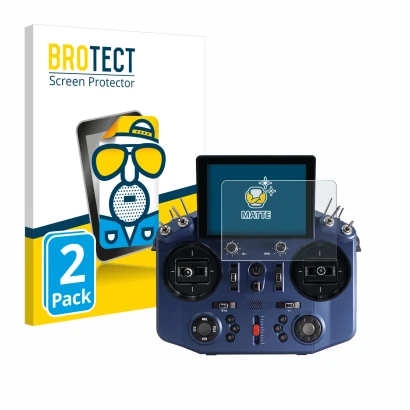 Front side of a product packaging with the brand logo BROTECT. Next to it is the device FrSky Tandem X20S shown with the corre