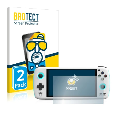 Front side of a product packaging with the brand logo BROTECT. Next to it is the device AYN Odin shown with the corresponding