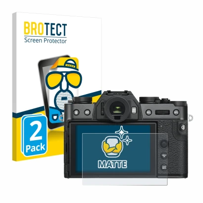 Front side of a product packaging with the brand logo BROTECT. Next to it is the device Fujifilm X-T30 ll shown with the corre