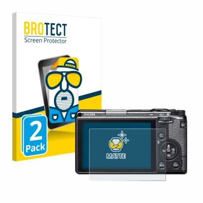 Front side of a product packaging with the brand logo BROTECT. Next to it is the device Ricoh GR IIIx shown with the correspon