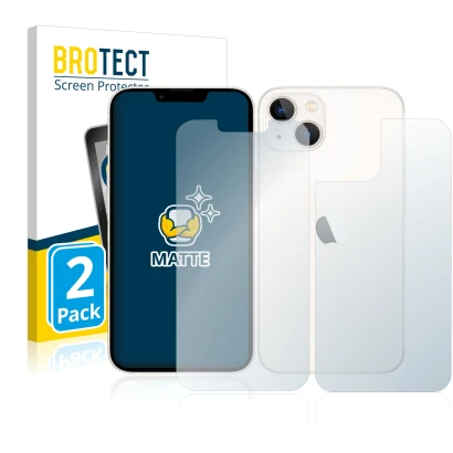 Front side of a product packaging with the brand logo BROTECT. Next to it is the device Apple iPhone 13 (Front+Back) shown wit