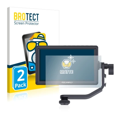 Front side of a product packaging with the brand logo BROTECT. Next to it is the device Feelworld FW568 5.5" shown with the co