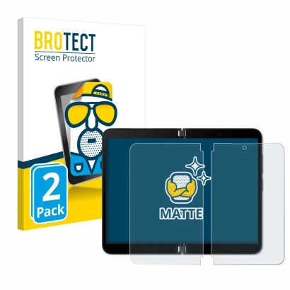 Front side of a product packaging with the brand logo BROTECT. Next to it is the device Microsoft Surface Duo 2 (Inner display