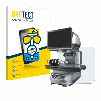 Front side of a product packaging with the brand logo BROTECT. Next to it is the device Keyence IM-8020 Glass plate shown with
