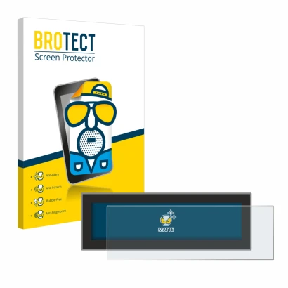 Front side of a product packaging with the brand logo BROTECT. Next to it is the device Porsche Taycan 2021 PCM 6.0 shown with