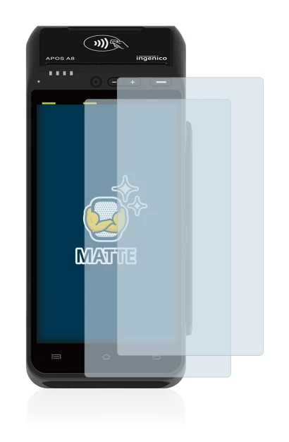 Image of the device ingenico Apos A8 with a wide variety of screen protectors.