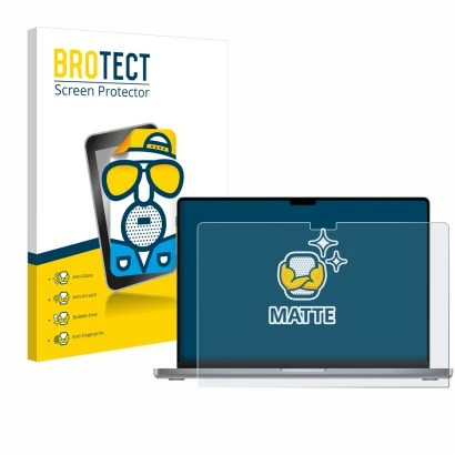 Front side of a product packaging with the brand logo BROTECT. Next to it is the device Apple MacBook Pro 16