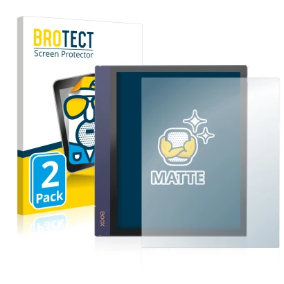 Front side of a product packaging with the brand logo BROTECT. Next to it is the device Boox Note Air 2 shown with the corresp