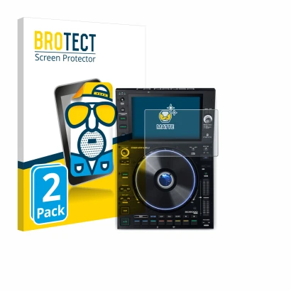 Front side of a product packaging with the brand logo BROTECT. Next to it is the device Denon DJ SC6000 Prime shown with the c