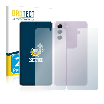 Front side of a product packaging with the brand logo BROTECT. Next to it is the device Samsung Galaxy S21 FE 5G (Front+Back) 