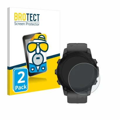 Front side of a product packaging with the brand logo BROTECT. Next to it is the device Garmin Descent G1 shown with the corre