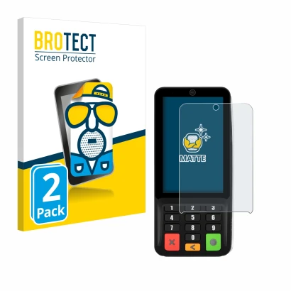 Front side of a product packaging with the brand logo BROTECT. Next to it is the device Pax A35 shown with the corresponding s