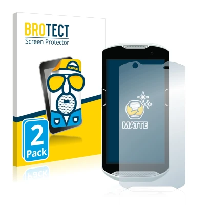 Front side of a product packaging with the brand logo BROTECT. Next to it is the device Zebra TC52 shown with the correspondin