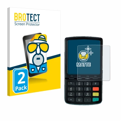 Front side of a product packaging with the brand logo BROTECT. Next to it is the device ingenico Link/2500 shown with the corr