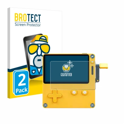 Front side of a product packaging with the brand logo BROTECT. Next to it is the device Panic Playdate shown with the correspo