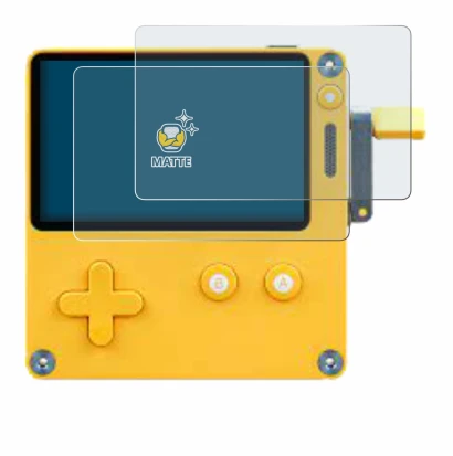 Image of the device Panic Playdate with a wide variety of screen protectors.