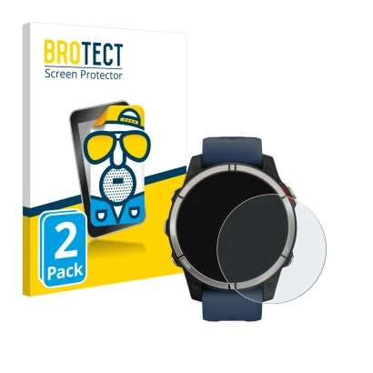 Front side of a product packaging with the brand logo BROTECT. Next to it is the device Garmin quatix 7 shown with the corresp