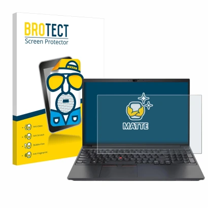 Front side of a product packaging with the brand logo BROTECT. Next to it is the device Lenovo ThinkPad E15 Gen 2 shown with t