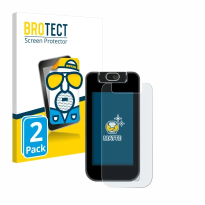 Front side of a product packaging with the brand logo BROTECT. Next to it is the device Vtech KidiBuzz 3 shown with the corres