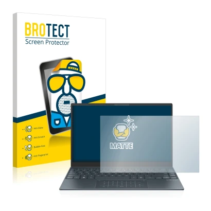 Front side of a product packaging with the brand logo BROTECT. Next to it is the device ASUS ZenBook 13 OLED shown with the co