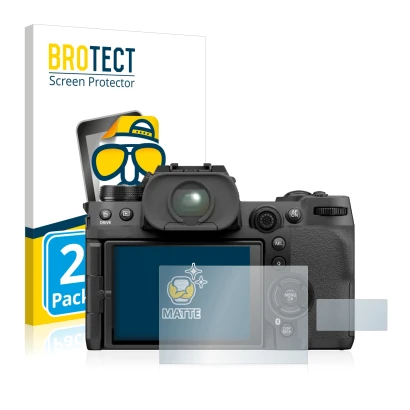Front side of a product packaging with the brand logo BROTECT. Next to it is the device Fujifilm X-H2S shown with the correspo